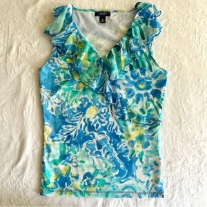Blue Floral Watercolor Ruffle Tank